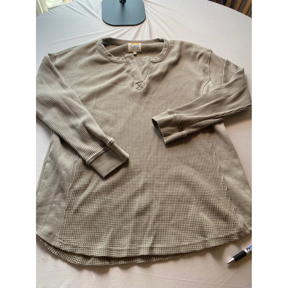 C&C California Mens Waffle Knit Thermal Shirt Olive Green Split Neck Large